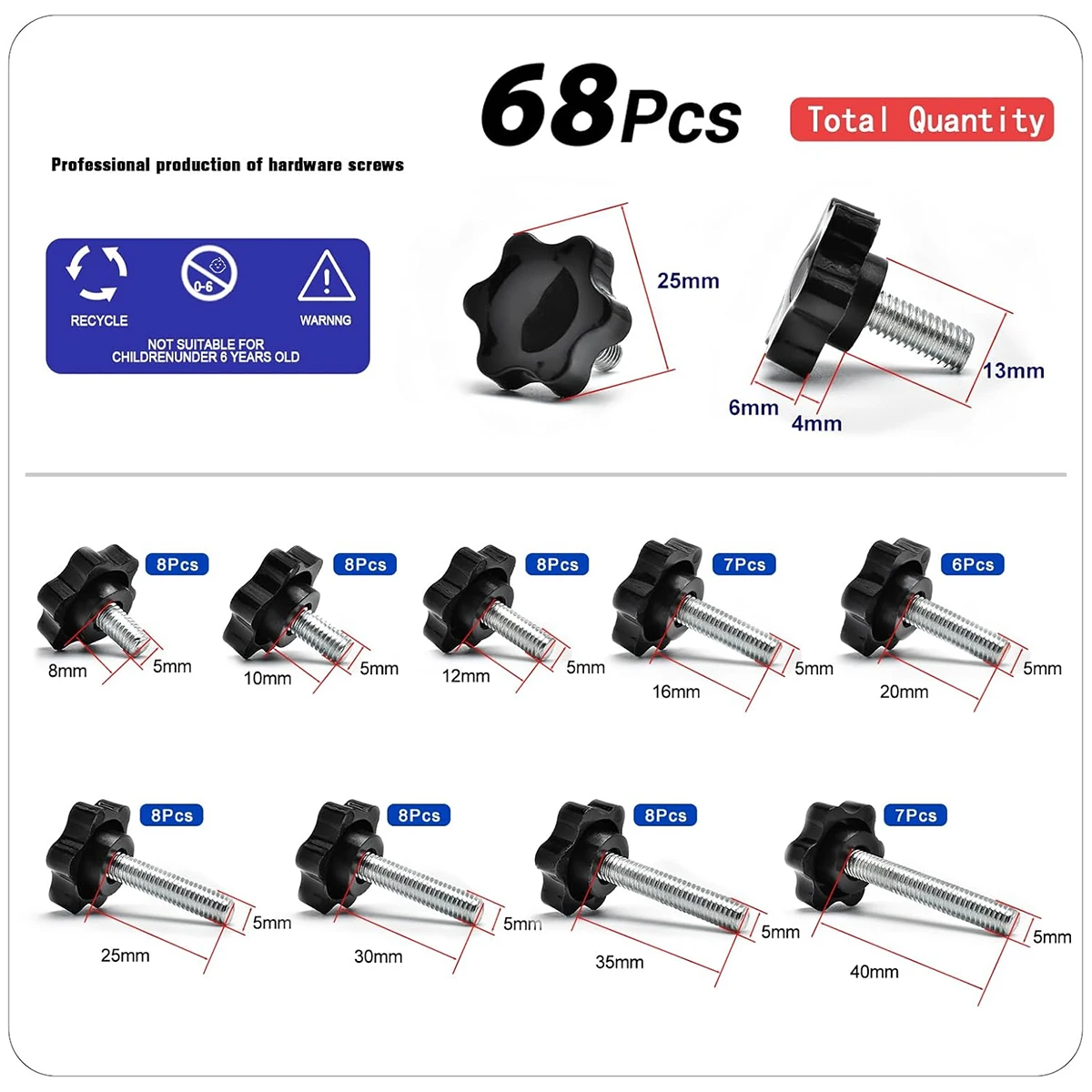 68 個 M5x8/10/12/16/20/25/40 ミリメートル炭素鋼黒プラスチック星頭ネジ固定ネジメトリックハンドルネジボルトファスナー