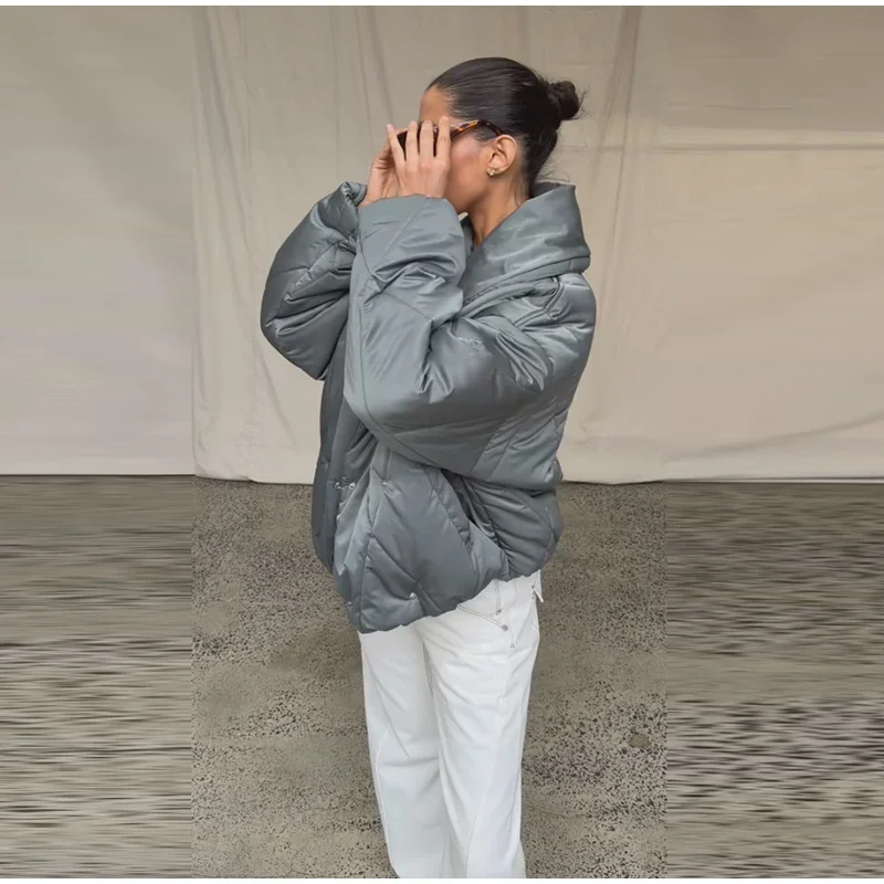Übergroße Gesteppte Jacke mit Revers für Damen, Streetwear, Langarm, Doppelreihig, Locker Sitzende Mäntel, Modische Damen-Oberbekleidung, Neuheiten – Detail 5