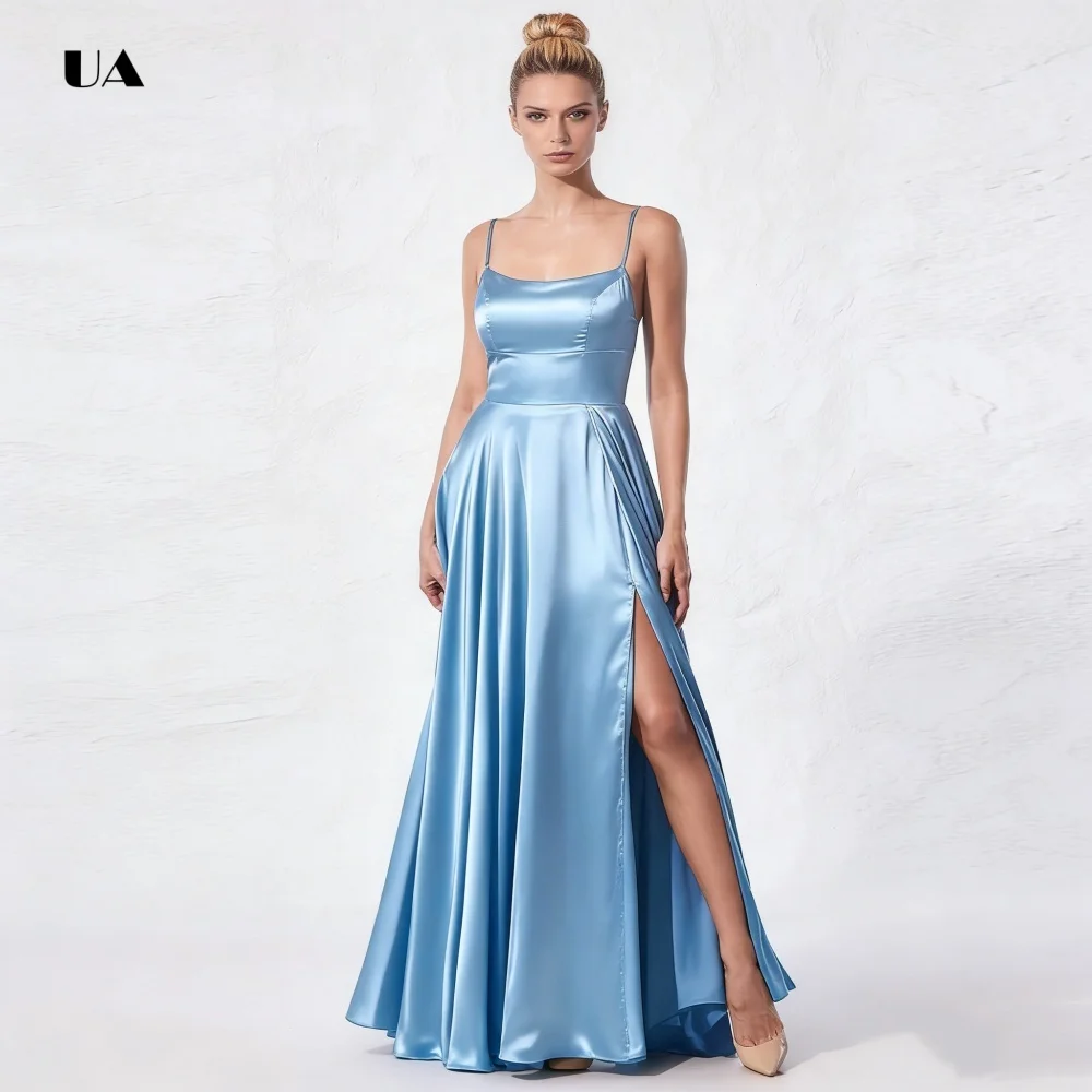 ULBYANRY Elegant A-line Prom Dress with Spaghetti Straps Solid Satin Slit Evening Dresses for Women Customized Draped Party Gown