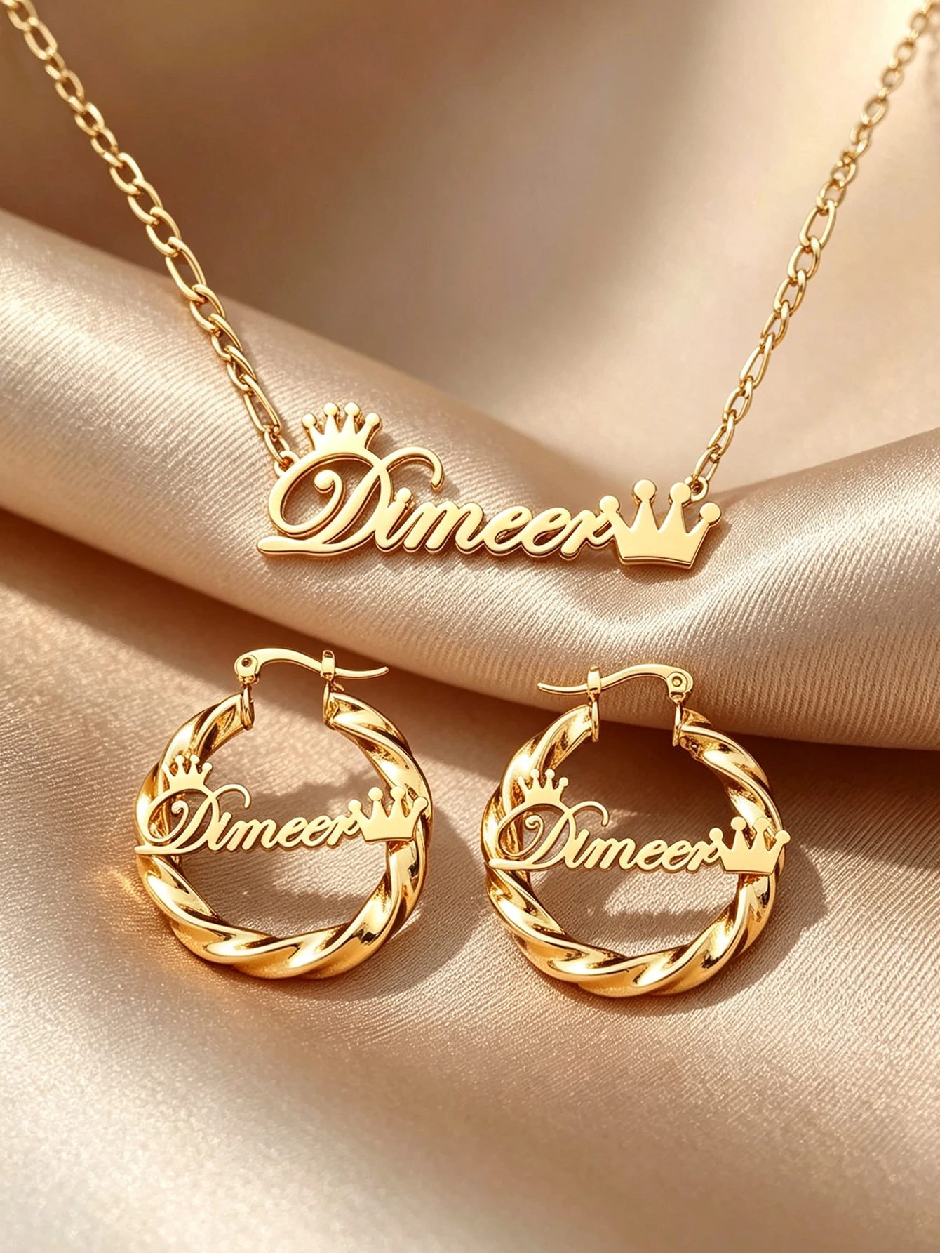 Ensemble de boucles d'oreilles et de collier surdimensionnés personnalisables, en acier inoxydable, avec gravure personnalisée, bijoux personnalisés, cadeau avec nom.