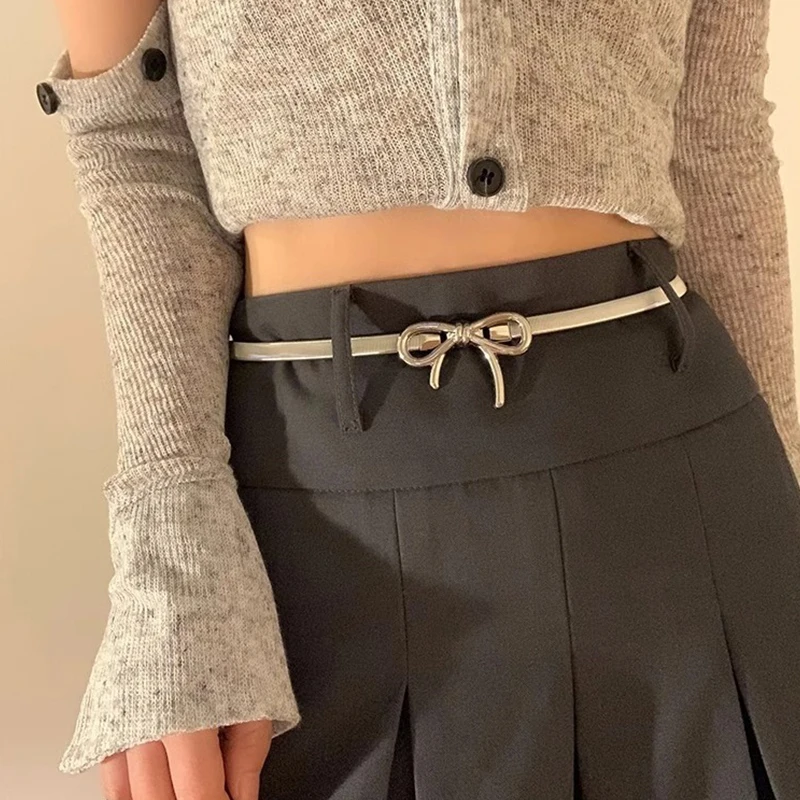 

Elastic Metal Bowknot Y2K Girls Ladies's Belt Women Narrow Female Elegant Waistband Waist Decorate For Dress