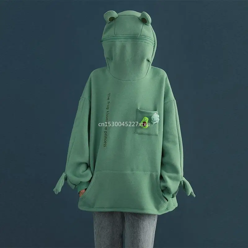 Unisex Frog Zipper Hoodie Fleece Lined Springtime Embroidery oversized Sweatshirt Harajuku Warm Pullover Korean Style Dropship