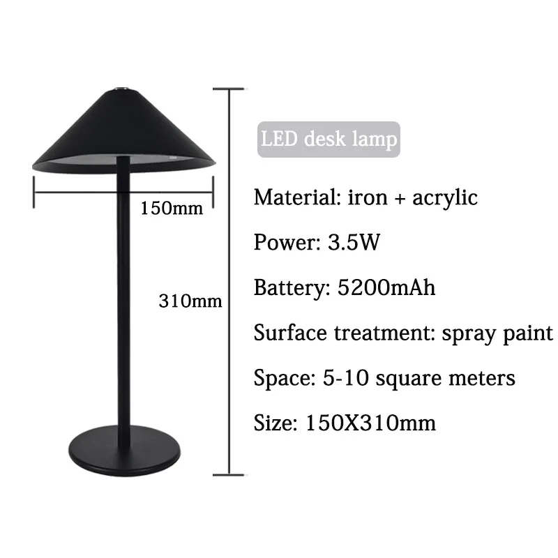 Modern Black Umbrella-Shaped Cordless Table Lamp Rechargeable Touch Switch Night Light with Aluminum Body Triangle Bar Design