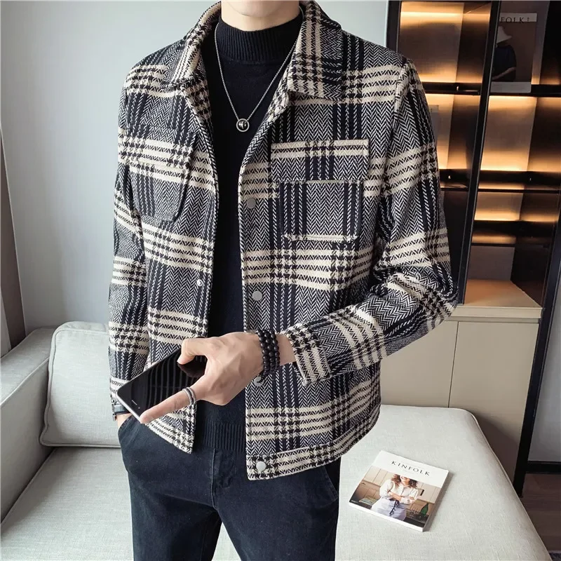 

Plaid Wool Jacket Lapel Coat Men's Winter Autumn New Trendy Slim Fit Stylish Thickened Short Woolen Overcoat