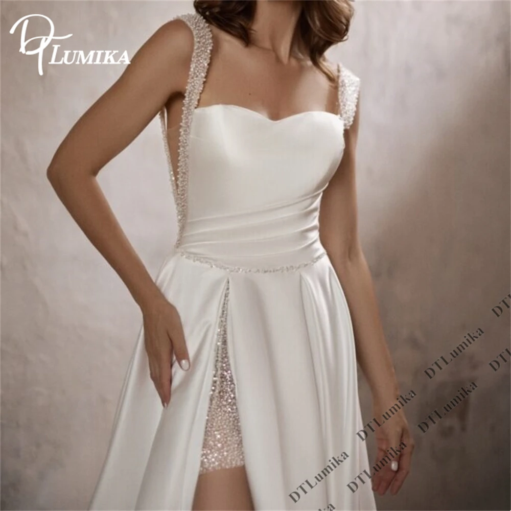 DTLumika Beaded Tank Sleeves Satin Bride Dresses with High Slit,A Line Court Train Bridal Gown Customized Women's Bride Dress