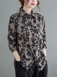 Women Long Sleeve Casual Shirts New 2022 Spring Vintage Style Floral Print All-match Loose Female Cotton Tops Shirt B1697