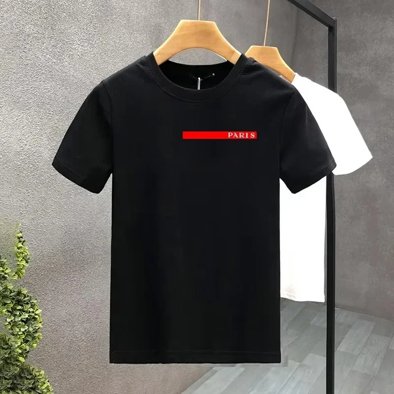 2026 new Paris Letter Graphic T Shirt Men Simple Red Stripe Print Short Sleeve Unisex Casual Cotton Tee