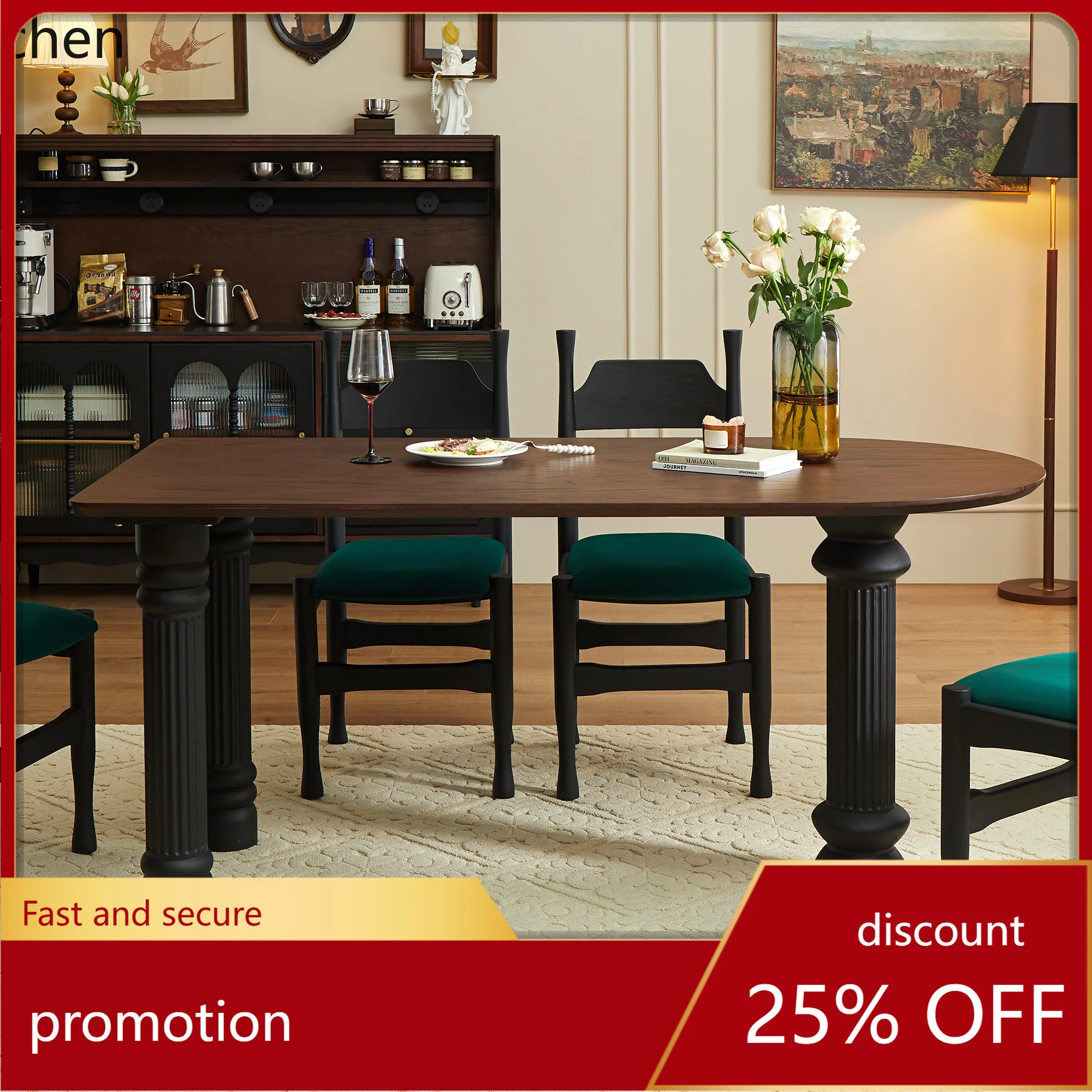 

HT solid wood dining table and chairs French retro Roman column high-end table living room home dining table