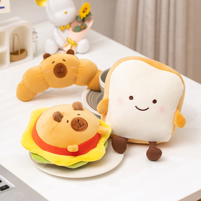 

Кавайный хлеб, еда, капибара, плюшевые игрушки, милый гамбургер, круассан на нарезанном хлебе с выражением Капибалы для детей, подарки на день рождения