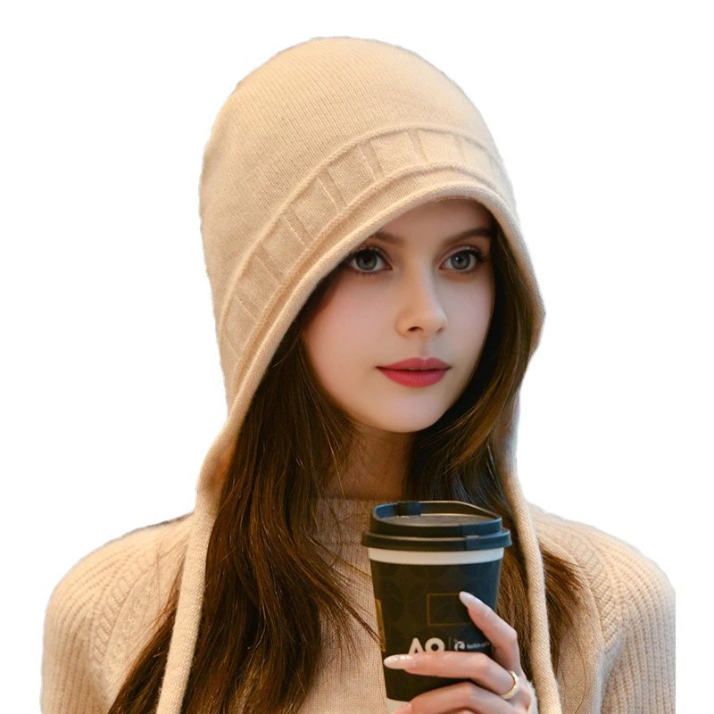 Damen-Winter-Strickmütze, 100 % Kaschmir, Kordelzug, Mützen, solide, weiche, warme Luxus-Kaschmir-Ski-Skullies-Kappe, Y2K-Hip-Hop-Mütze