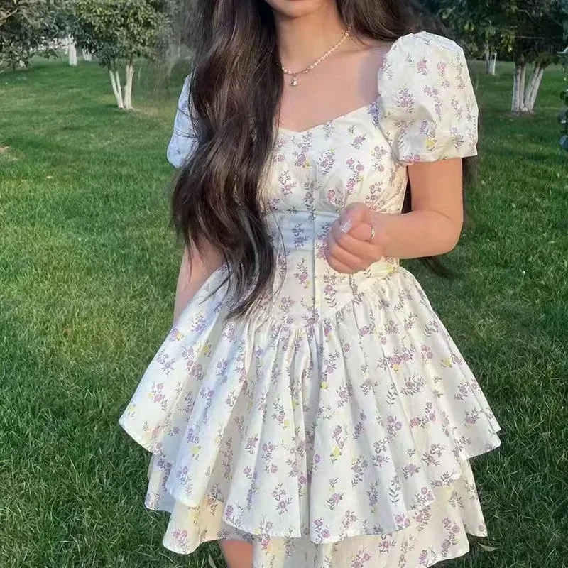 Primavera Verano suave chica manga corta manga de burbuja cuello cuadrado moda estilo coreano estampado Floral adelgazante vestido de mujer