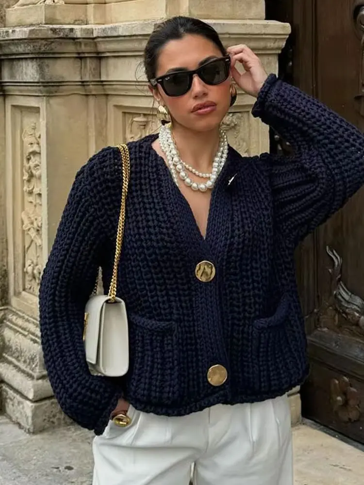 

HH Woman's New Fashion Spring Casual Coats Solid O-Neck Long Sleeves Pockets Single-Breasted Cardigans Female Sweater Tops