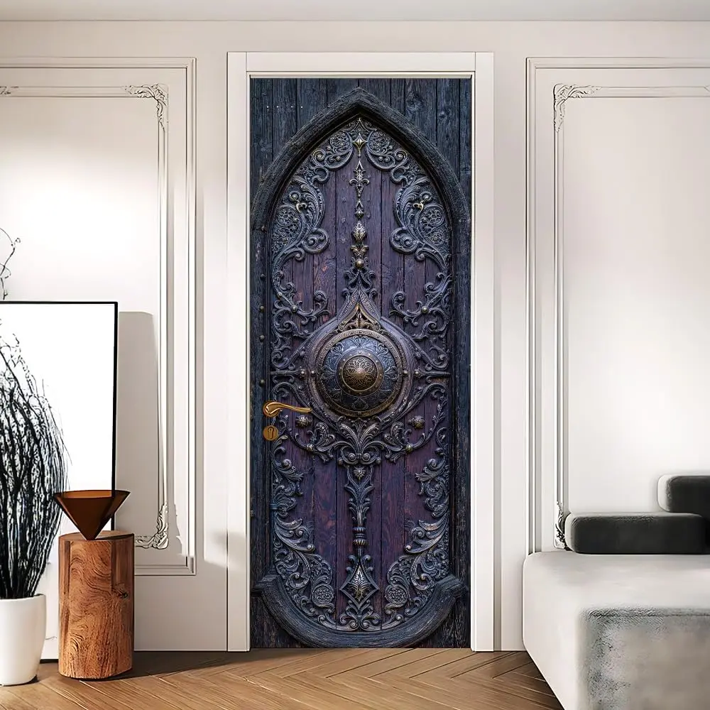 Gothic Vintage Carved Door Sticker 3D Embossed Self-Adhesive Home Decor Wall Mural for Living Room