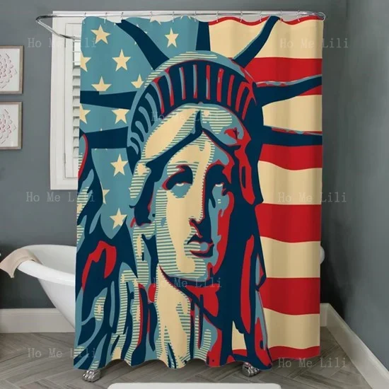 Stand Up For Liberty Series Shower Curtain Statue Of Free New York City USA Flag Full Moon Night Silhouette Bathroom Decor