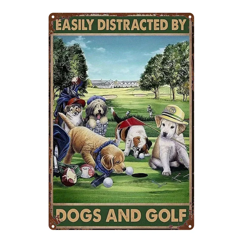 2D Flat, 1pc, Metal Sign, Funny Dog and Golf Tin Sign, with a vintage distressed look, suitable for home, restaurant, cafe, bar, or garage decoration, perfect for room decoration - 8x12inch