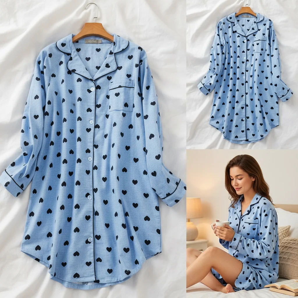 Nightgowns for Women 100% Cotton Soft Sleepshirts Blues Color Cartoon Fall Seasons nightgowns