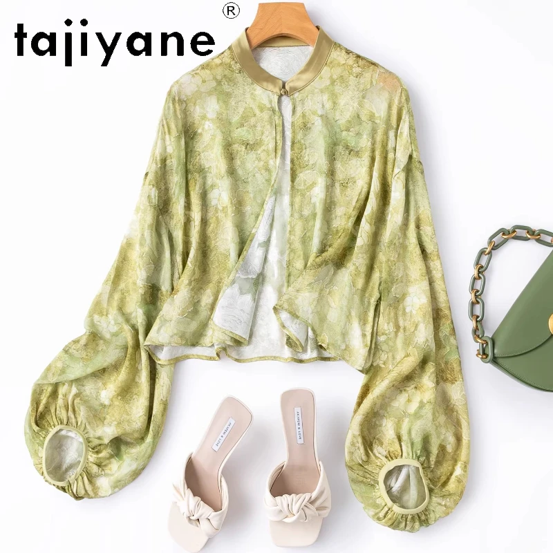 

TAJIYANE 100% Mulberry Silk Blouse green Short Shirts Women Lantern Sleeve Silk Cardigan Spring Woman Clothes 2026 рубашка
