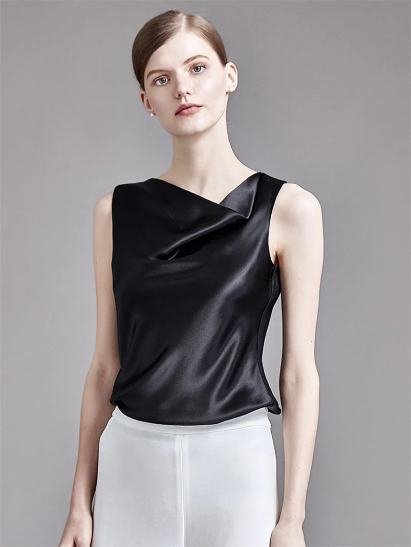 Summer England Style Tank Tops Women Sleeveless Satin Irregular Collar Solid Color Blouse Female Shirts Fashion Elegant Vest Top