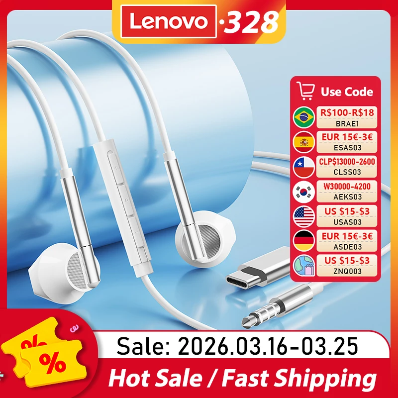 Lenovo YF28 Wired Headphones In-Ear Type-C/3.5mm Jack Headset HIFI Sound Earphones With Mic For Laptop Computer Tablet Phone New