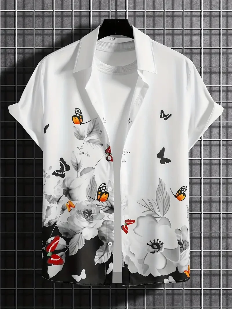 Men\'s fashionable Hawaiian lapel pattern shirt with trendy ink animal print suitable for summer vacation and casual wear