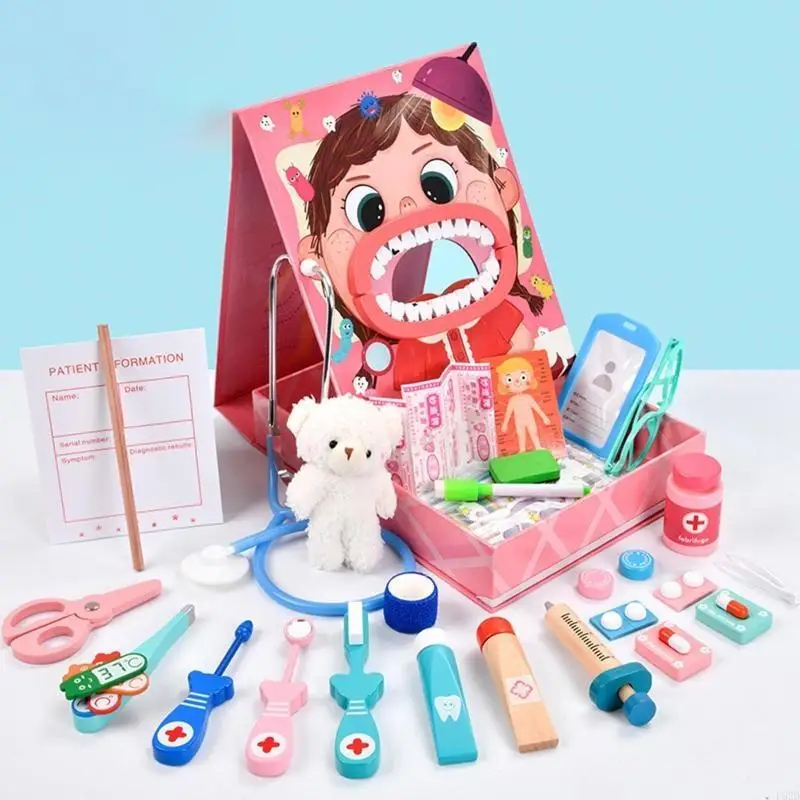 F62d Wooden Doctor for Kids Dentist Playset Toy Medical Fitend Role for Play Educational Imagination for Kids