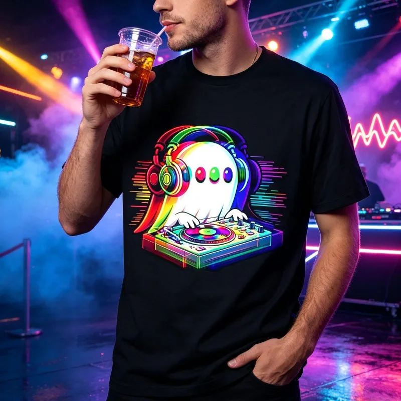 Neon DJ Ghost Men’s Rainbow Music Graphic T-Shirt Soft Modal Casual Tee for EDM Party Festival Fan Birthday Streetwear Gift