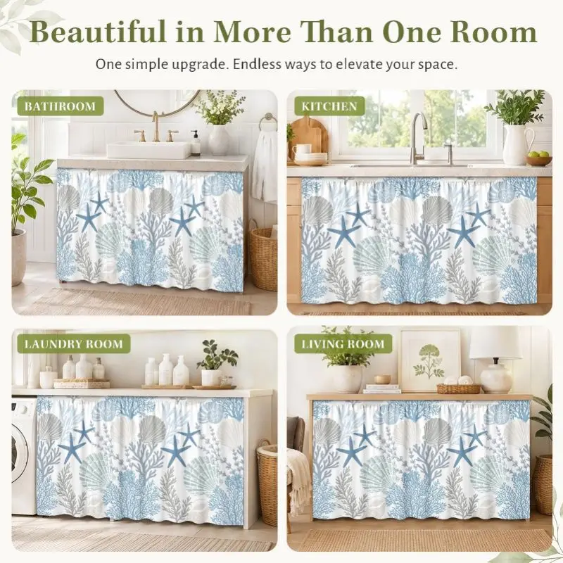 VIKAMA Nautical Blue Sea Shell Pattern Hook and Loop Under Sink Skirt No Drill Multiscene Cabinet Curtain Beach Home Decor Cover - view 5