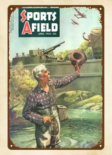 1943 Sports Afield Hunting & Fishing WWII Cover metal tin sign retro signs