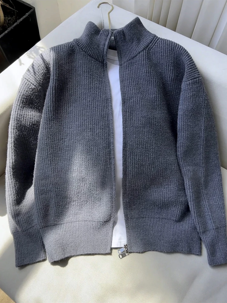 

Мужской кардиган на молнии с воротником-стойкой, вязаный, в американском стиле, из полиэстера, для многослойных образов