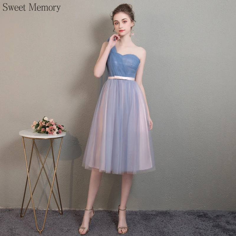 Reject Return M79 Wedding Party Dress Grey Blue Tulle Mesh Net And Pink Satin Knee-Length Bridesmaid Dresses