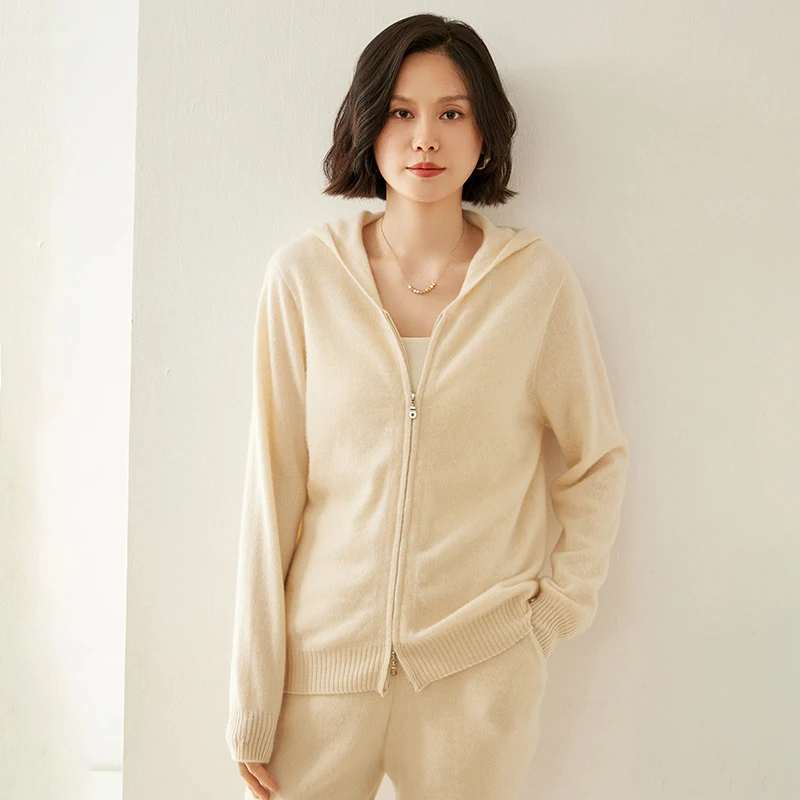 FRSEUCAG Novo 100% caxemira de malha cardigan feminino suéter com capuz moda jaqueta de manga comprida suéter de caxemira feminino