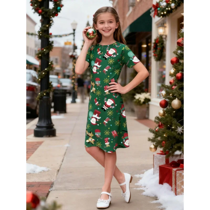 Girls' Christmas-themed Printed Short-sleeved Dress, Children's Festive Atmosphere, Full-pattern Printing, 2026 Style