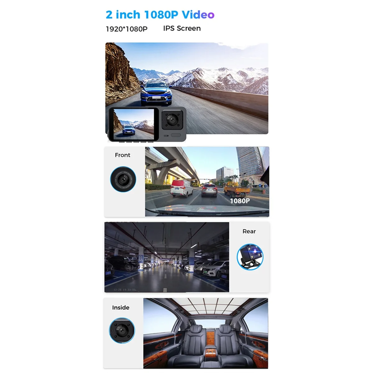 RIRI ダッシュカム フロントおよび内側 WIFI 1080P 32G メモリカード付き 2 インチ画面 170 °   広角ナイトビジョン WDR 24H パーキングモード