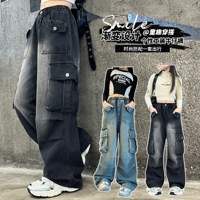 

Big Girls' Workwear Denim Pants for Spring and Autumn, Wide-Leg Pants, Suitable for Daily Wear