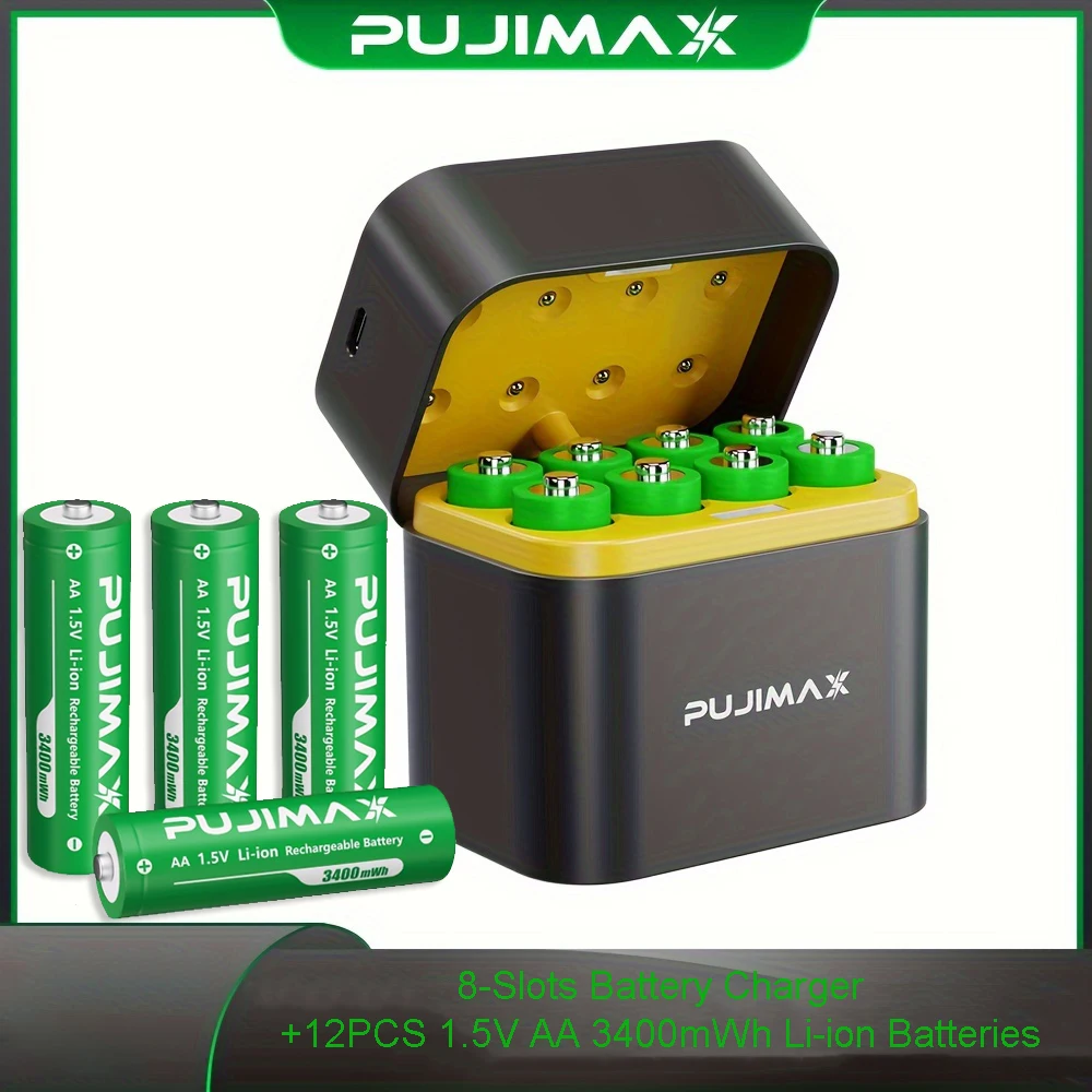PUJIMAX Oplaadbare Li-ion AA-batterijen 1,5 V AA 3400 mWh lithium-ionbatterij + oplader Klokradio Videogame digitale batterij