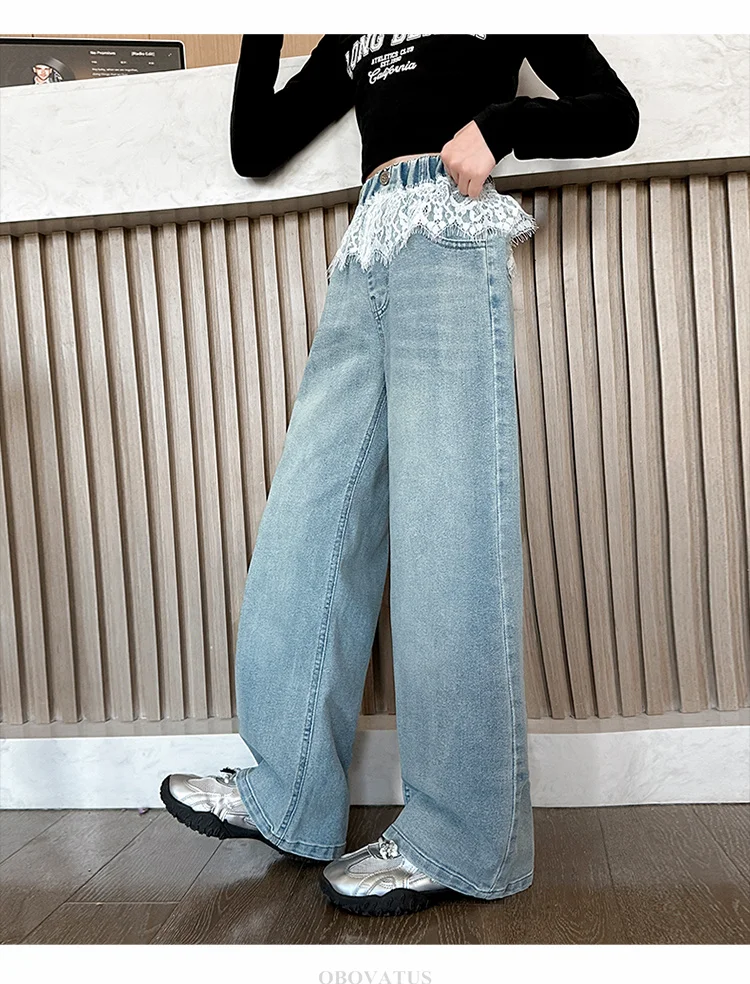 Spitzenjeans für Mädchen, Modische Kleidung für Teenager, Einfarbige, Lose Kinderjeans mit Weitem Bein, Hohe Taille, Spitzendesign, Kinderhose – Detail 3