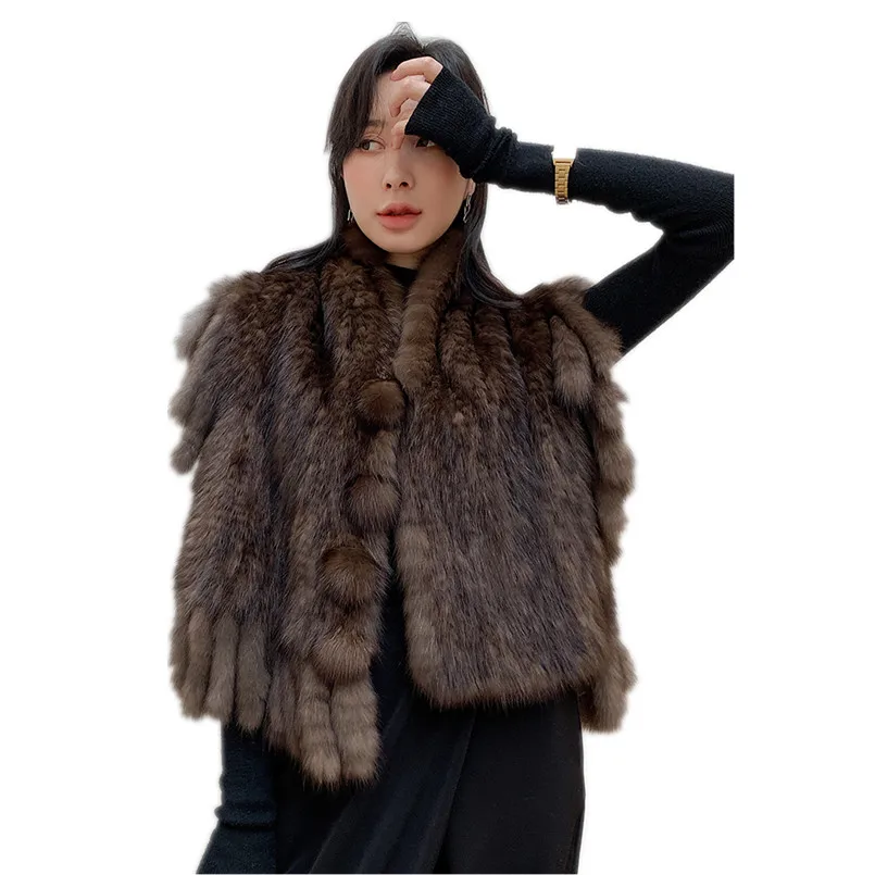 Autumn Winter Warm Real Sable Fur Wraps Women Fur Tassel Scarf Luxury Natural Color Shoulder Poncho Cape