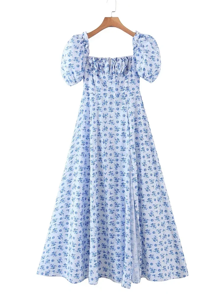 Gypsylady Vintage Floral Printed Summer Dress Blue Ruffles Women Maxi Dresses Split Backless Sexy Party Ladies Dress Vestidos