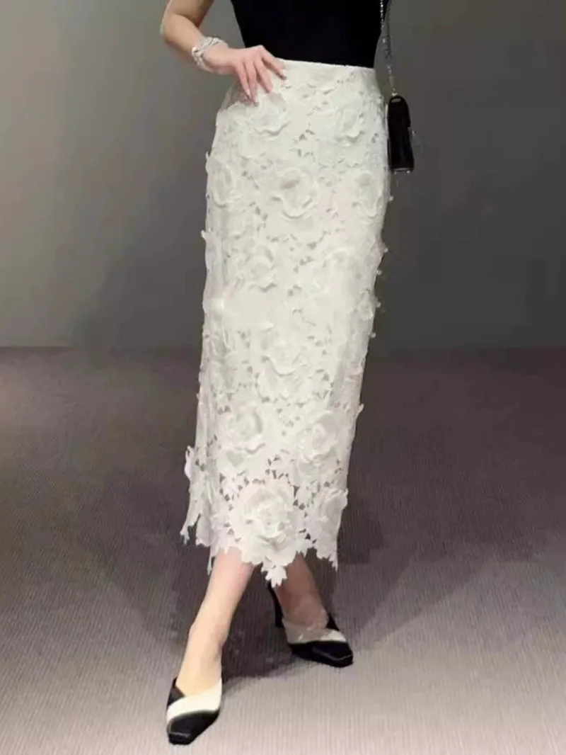 Elegant Lace Asymmetrical Skirt Women Vintage Y2K Boho High Waist Hollow Mesh Patchwork Layered Maxi Skirts Lady Holiday 4G3W