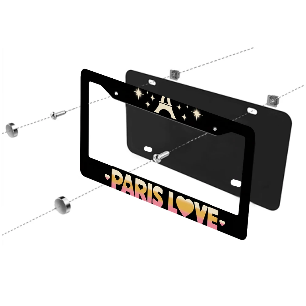 قطعة واحدة من إطار لوحة الترخيص ذو فتحتين من الألومنيوم الأسود مع تصميم برج إيفل ونجوم باريس، مقاس 6 × 12 بوصة، تتضمن طقم براغي، R