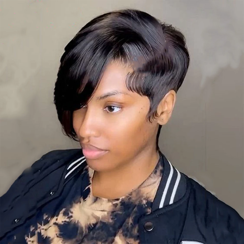 

Pixie Cut Wigs With Bangs Real Human Hair Short Wig Full Machine Made Wig Brazilian Remy Hair 150% Density Natural Black