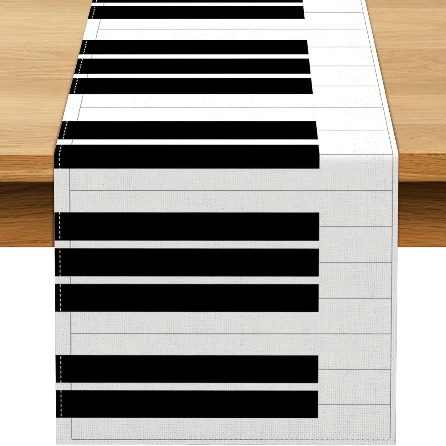 Tischläufer mit Klaviermuster und Musiknoten – Schwarz gestreifter, strapazierfähiger Leinenstoff, Dekoration für Esszimmer, Kücheninsel und Party
