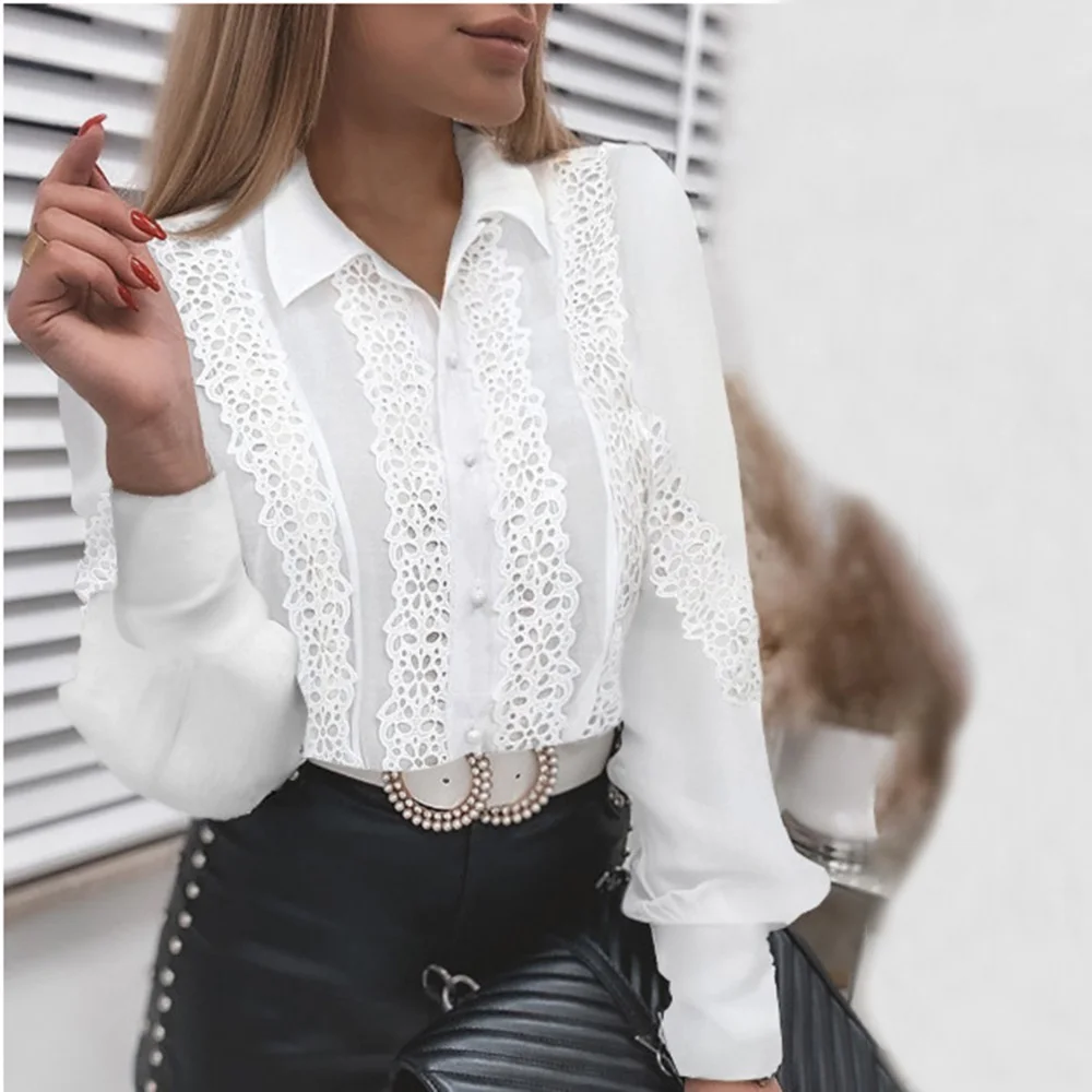 Sexy White Lace Patchwork Shirt Blouse Women Fashion Long Sleeve O-Neck Mesh Tops 2024 Spring Vintage Hollow Out Shirts Pink