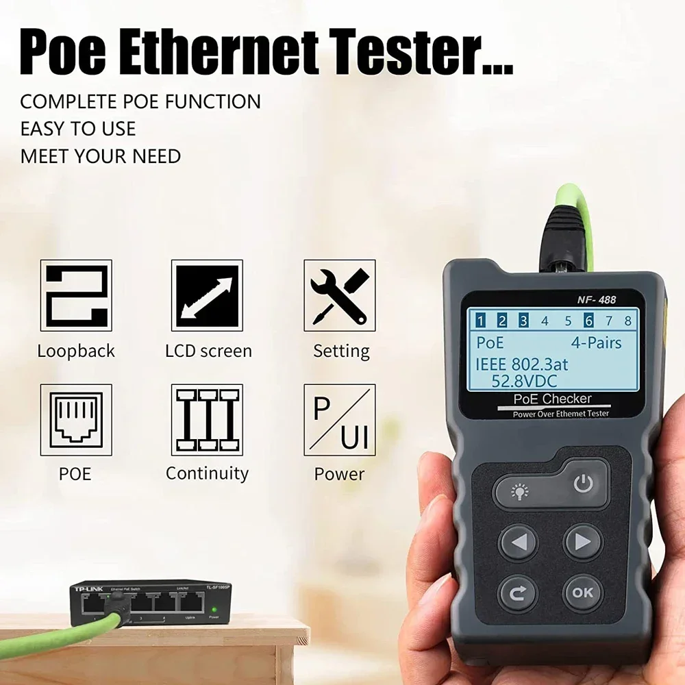 

NF-488 PoE Tester, LCD Network Cable Tracker Voltage Polarity Loopback for RJ45 Cat5 Cat6
