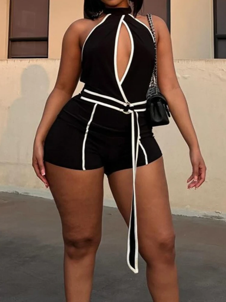 

Foamlina Contrast Halter Neck Romper Women Cut Out Front Sleeveless Backless Bodycon Playsuit With Belt Club Party Streetwear
