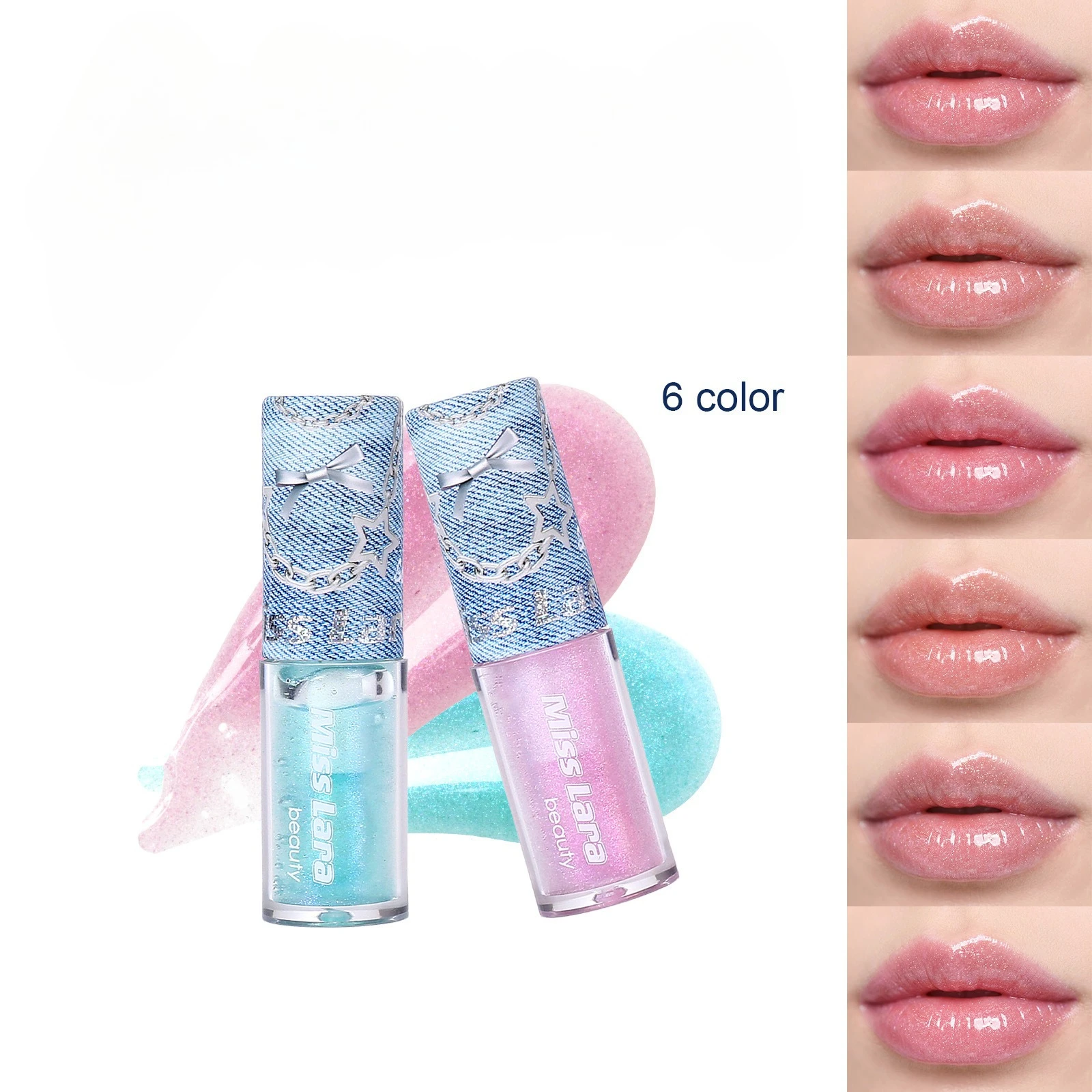 Denim Bow Lip Gloss, Shimmery Water Light Glass Lip, Moisturizing Lip Makeup for Layered Application