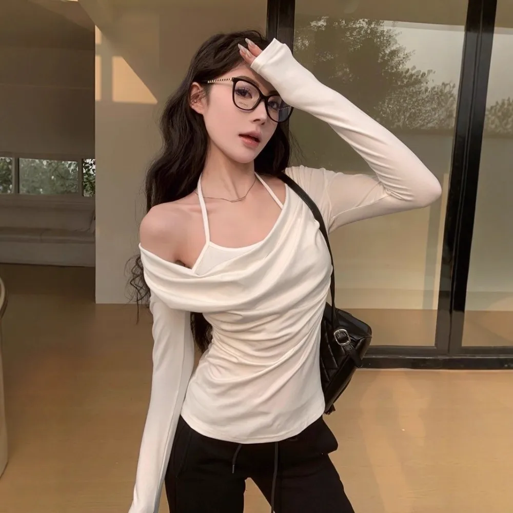 Korean Style Women's Top Fake Two-piece Design Slim Fit Long Sleeve T-Shirt Solid Color Long Sleeve Slim Fit Tee