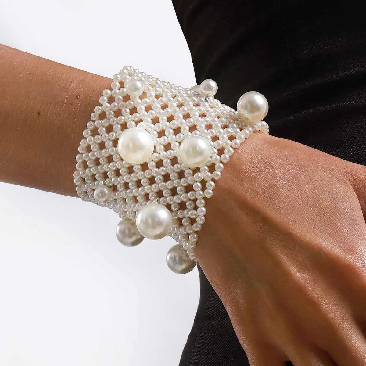 

High Quality Handmade Pearl Bracelets for Women 2026 Summer Wide Elastic Woven Pearl Bracelet Bangles Hand Accessories