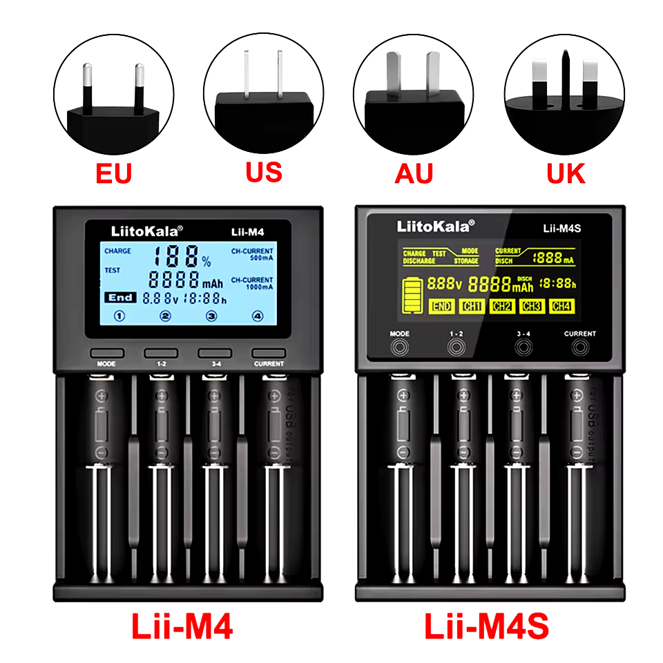  LiitoKala Lii-M4 Lii-M4S 5V EU AU UK US Plug Battery Charger For 3.7V 18650 26650 21700 14500 18350 17500 1.2V AA AAA A C 