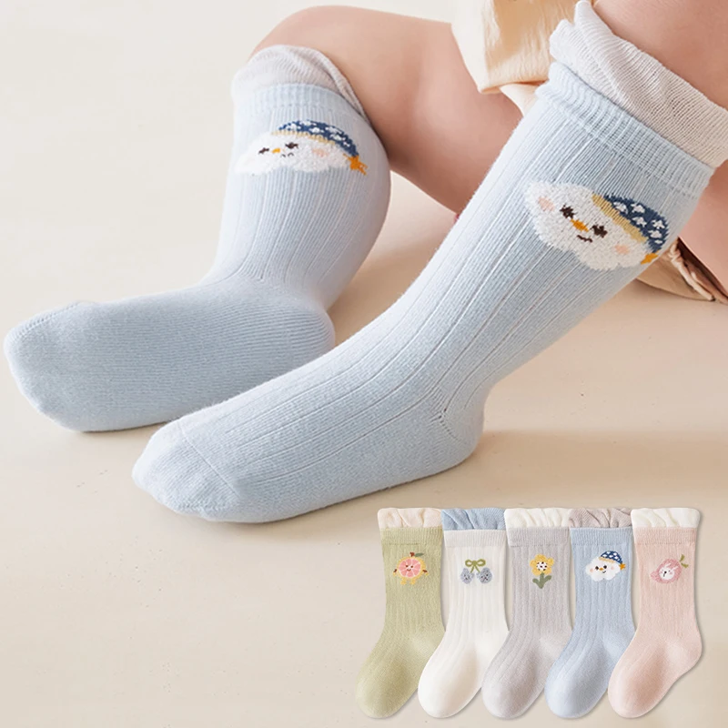 Soft High Knee Baby Socks Cute Cartoon Toddler Socks Ruffle Cuff Long Tube Socks for Infant Newborn Daily Wear